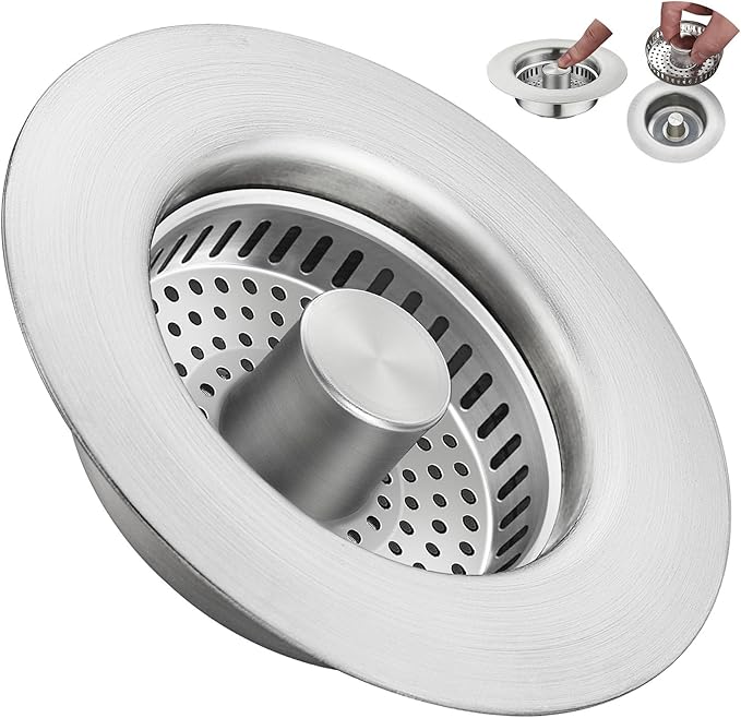 YYKBZ 3 in 1 Kitchen Sink Drain Strainer， Stainless Steel Pop Up Sink Stopper， Plug for Sink Drain Strainer with Anti-Clogging Basket for Us Standard 3-1/2"Drain Easy to Install （1pcs）