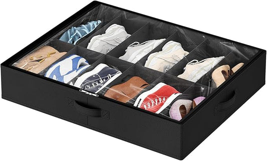 Lifewit Under Bed Shoe Storage Organizer 1 Pack (12 Pairs), 4.3" Tall Fabric Shoes Container Box, Foldable Closet Shoe Bag with 2 Reinforced Handles and Clear Cover, Black