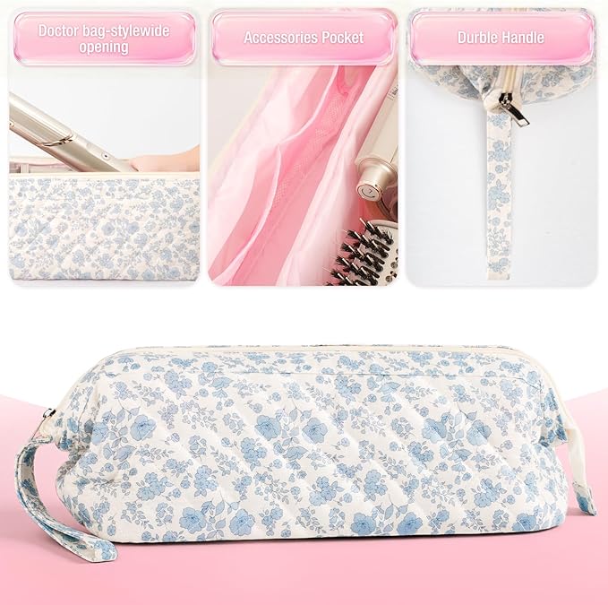 Quilted Hair Tool Travel Bag, Shark Flex Style Travel Case For Dyson Hair Dryer Airwrap Bag, Curling Iron Bags Quilted For Shark Dyson Revlon Organizer Accessories (Blue flowers)