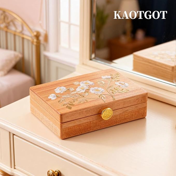 Travel Jewelry Case Small Wood Jewelry Organizer Jewelry Box for Women (Pine Wood Print C)