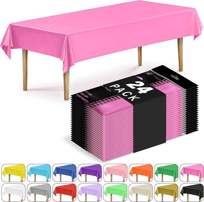 DecorRack 24 Pack Rectangular Tablecloths BPA-Free Plastic, 54 x 108 inch, Dining Table Cover Cloth for Parties, Picnic, Camping and Outdoor, Disposable or Reusable in Fuchsia Pink (24 Pack)