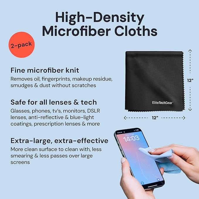 Elite Tech Gear Optical, Screen & Lens Care Kit - 3pc Spray (2x4oz+1oz) with 2 Microfiber Cloths - Alcohol-Free Eyewear Solution - 5pc Glasses Cleaner