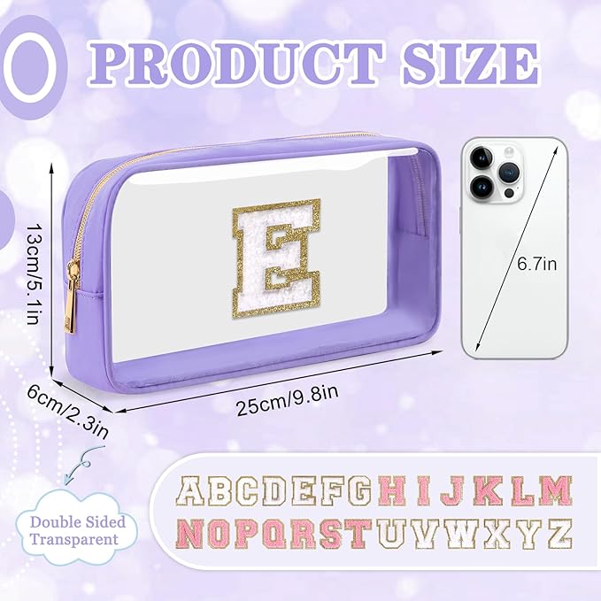 Small Clear Personalized Initial Makeup Bag,Nylon Preppy A-Z Chenille Letter Patch Cosmetic Pouch Beach Toiletry Bag,Waterproof Zip Travel Purse Storage Bag Organizer for Women Girls(Purple-White E)