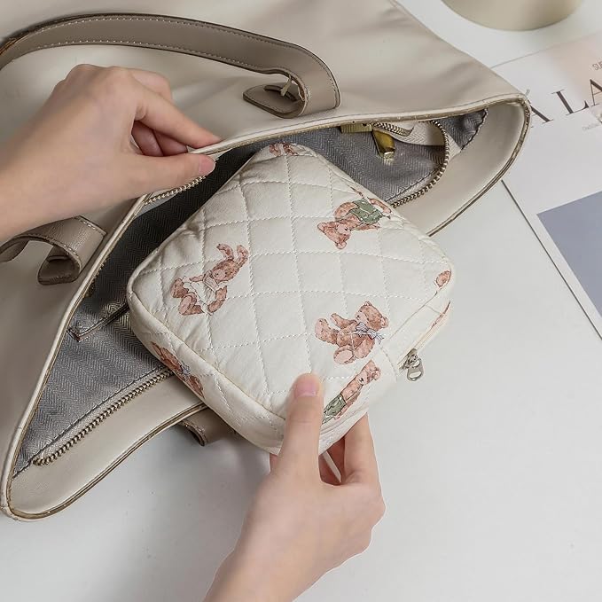 uekeboag 2pcs Small Quilted Cotton Makeup Bag for Purse, Cosmetic Bag with Compartments, Cotton Aesthetic Makeup Bag, Travel Toiletry Pouch, Lipstick Bag Card Holder Data Cable Organizer (Bear Set)