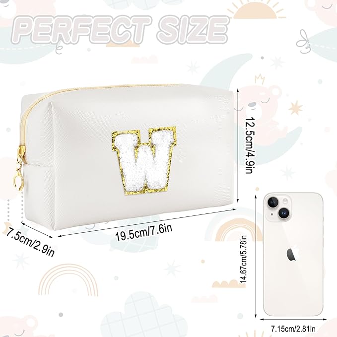 Gifts for Girls Initial Makeup Bag Personalized Cosmetic Bag with Zipper Cute Travel Toiletry Bags Waterproof PU Preppy Makeup Pouch Birthday Gift for Teen Girls Women(White W)