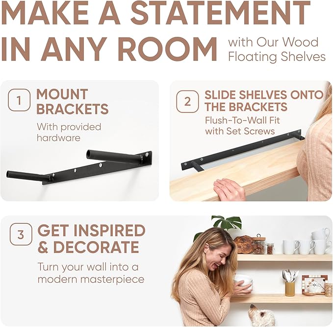 Homeforia 42 inch Wood Floating Shelf, High-End Solid Natural Wood 42-inch Large Floating Shelves for Wall Mounted, Unfinished Wooden Floating Shelves, Heavy Duty Bracket, 42 X 6.5 X 1.75 in, Set of 3