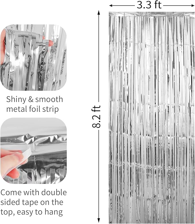 2 Pack Silver Foil Fringe Curtains Streamers Party Decorations 3.3 x 8.2 ft, Tinsel Curtain Fringe Backdrop for Parties, Silver Door Fringe Birthday Streamers, Photo Booth Backdrops, Party Decor