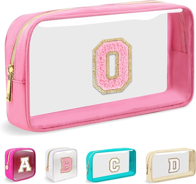 Small Clear Personalized Initial Makeup Bag, Preppy Nylon A-Z Chenille Letter Patch Makeup Organizer TSA Approved Travel Toiletry Bag,Waterproof Zip Beach Cosmetic Pouch Purse for Women(Pink-Pink O)