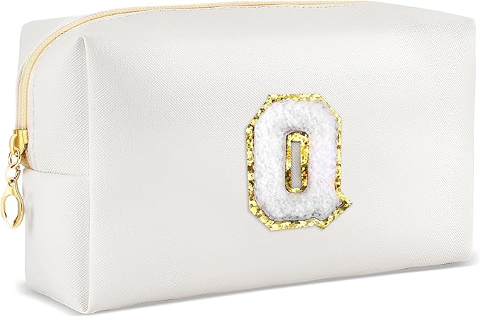Gifts for Girls Initial Makeup Bag Personalized Cosmetic Bag with Zipper Cute Travel Toiletry Bags Waterproof PU Preppy Makeup Pouch Birthday Gift for Teen Girls Women(White Q)