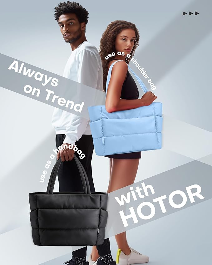 HOTOR Puffer Tote Bag for Women, Nurses - Multi-Pocket Lightweight Bag for Work - Quilted Handbag for Travel and Gym