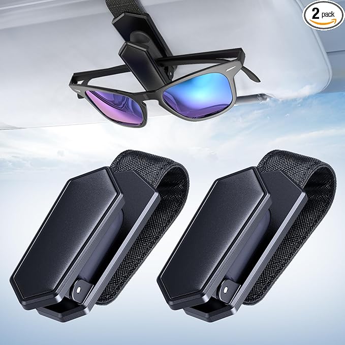 Veharvim Sunglass Holder for Car (One-Handed-Operation, Gentle & Secure Hold, Silicone Padded, Universal Fit, Metal Clip) Visor Sunglass Holder Clip, Visor Sunglass Car (Black, 2 Pack)