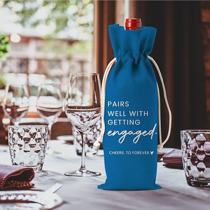 Engaged Gifts, Engagement Gifts for Couples Her, Engagement Party Decorations Gifts for Engaged Couple Wine Bag, Pairs Well with Getting Engaged Wine Bottle Bag（Blue）