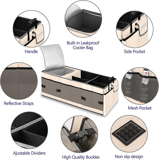 Trunk Organizer with Built-in Insulated Leak-Proof Cooler Bag, Collapsible Cargo Organizer for SUV with Non-Slip Bottom Strips, 3 Large Compartments Foldable Waterproof Portable Car Storage Box
