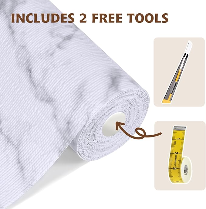 Shelf Liners for Kitchen Cabinets 12in x 30FT, Non Adhesive Drawer Liner Marble Pattern Thickened Shelf Liner Non-Slip Easy to Clean for Tool Box Refrigerator with Knife and Tape Measure