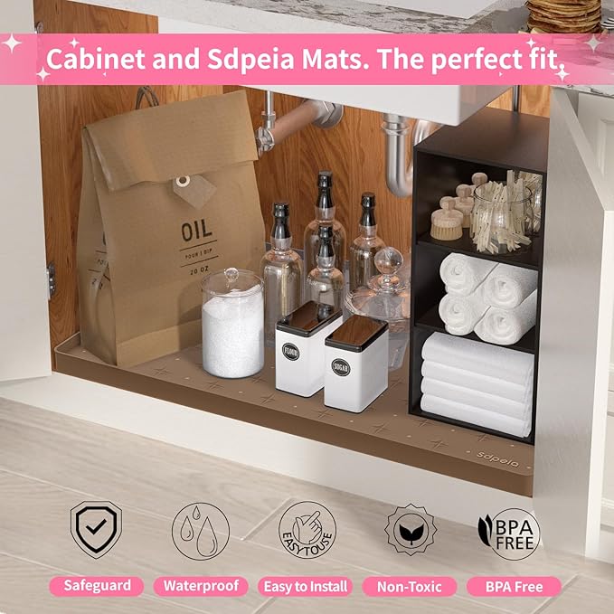 Sdpeia Under Sink Mat 34"×22" Waterproof Silicone Cabinet Liner & Sink Protector for Kitchen & Bathroom, Multi-Purpose Organizers Tray for Pets, Laundry, Cat Litter Mat