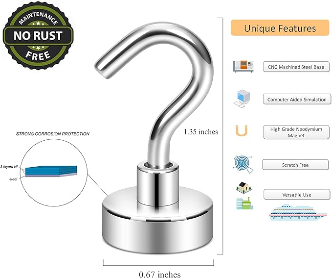 Neosmuk Magnetic Hooks, Cruise Ship Essentials, 30lb+ Heavy Duty Magnetic Hooks for Cruise Cabins, Refrigerator, Grill, Hanging, and Travel | Extra Strong Must-Have Magnet Hook, Silver, 5 Pack