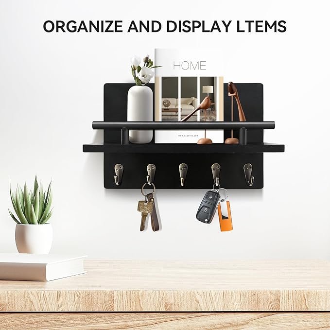Key Holder Wall Mount, Decorative Key Rack with Shelf & 5 Sturdy Hooks, Rustic Key Hooks for Wall for Mail Organizer Hanging Dog Leash, Glasses, Wooden Key Hanger with Mounting Hardware