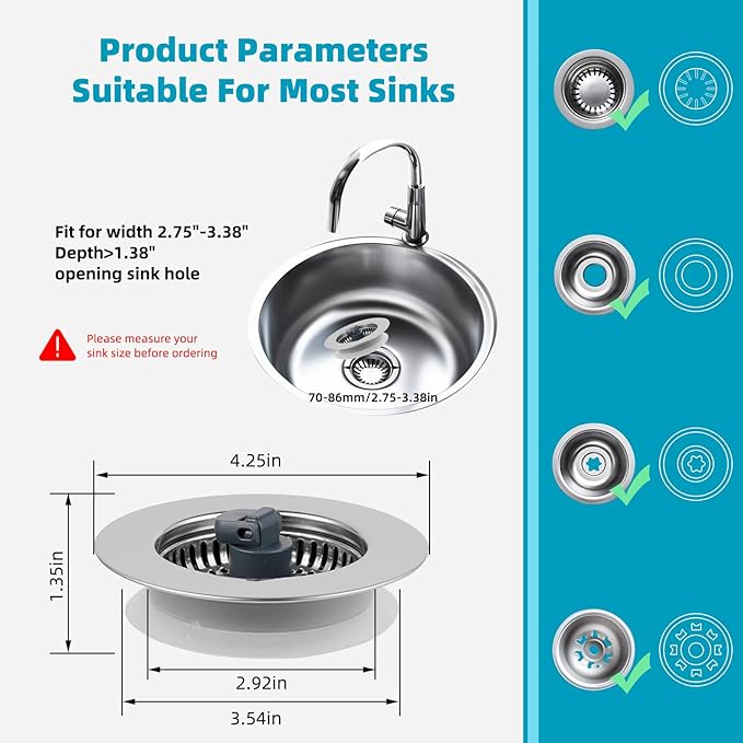 Hibbent 2 Pack 3 in 1 Kitchen Sink Drain Strainer, Stainless Steel Wrapped Shell Drain Stopper Combo, Pop Up Sink Stopper, Stainless Steel Anti-Clogging Basket Strainer for US Standard 3-1/2" Drain
