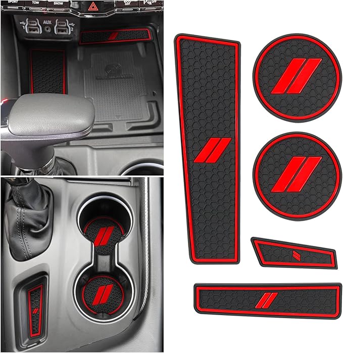 Cup Holder Inserts for Dodge Durango Accessories 2021 2022 2023 2024 2025 2026 Center Console Mat Custom Fit Silicone Cup Liners Pads Interior Decoration (5pcs/Set, Red)