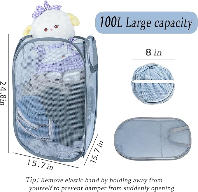 Upgraded 100L Extra Large Collapsible Laundry Hampers. Pop Up Laundry Basket Mesh with Pocket, Fold Compact, Large Hold Portable Travel Laundry Bag for Dorm Storage Bin, Grey. V