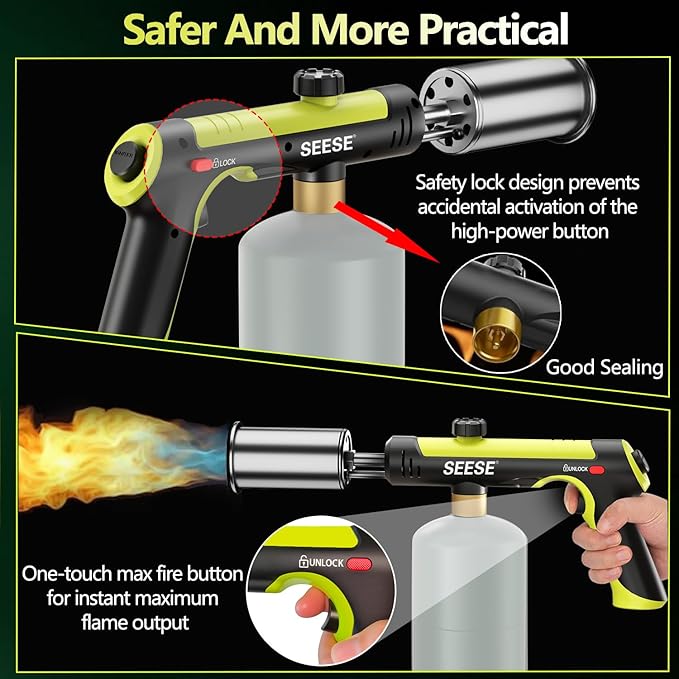 Powerful Propane Torch Gun,Kitchen Cooking Torch With One-Touch Max Fire, Charcoal Lighter with a Safety Lock, Adjustable Blow Torch for Sous Vide, BBQ, Campfire, Fireplace(Tank Not Included)