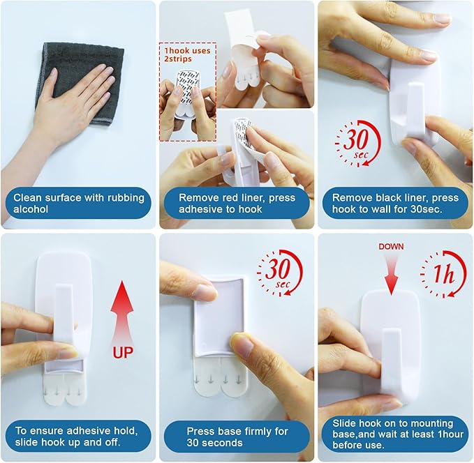 Heavy Duty Large Wall Hooks 6 pcs with 12 Adhesive Strips, Removable Wall Hook for Hanging, Damage Free Coat Hanging Hooks, Adhesive Hook for Towel, Robe, Key,Classroom Decor,Dorm Room Rv Essentials