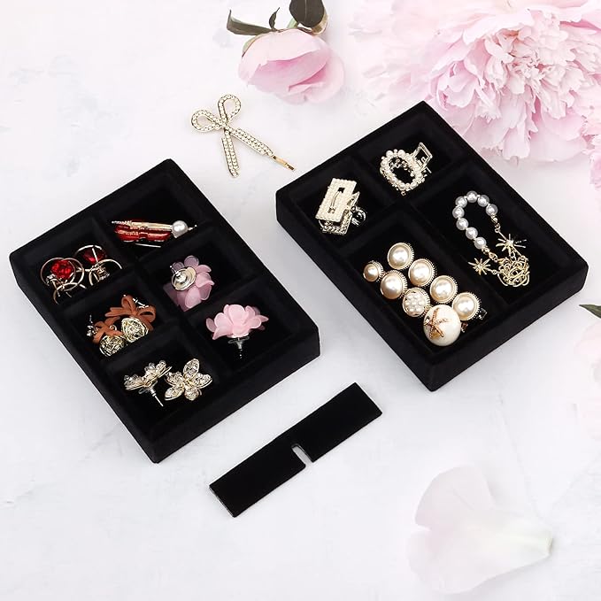 DesignSter Small Jewelry Tray-Ring Organizer 2PCS Premium Velvet Rings Earrings Display Tray Storage Insert Holder for Jewelry Box, Drawer, Dresser (6 Grids, Black)