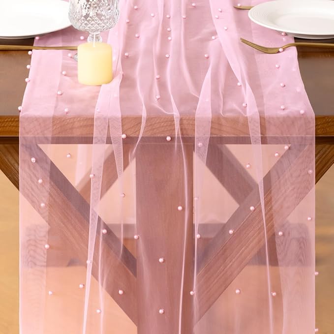 Socomi Pearl Table Runner Tulle Pink Summer Cheesecloth 10FT Gauze Cheese Cloth Sheer Chiffon Dining Wedding Birthday Party Baby Shower Bridal Anniversary Holiday Centerpiece Table Decor