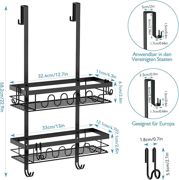 Over the Door Shower Caddy Hanging, 3-in-1 Rustproof Shower Organizer for Glass Door, No Drilling Shower Shelves with 4+3 Hooks, Wave Design, Stable, Adjustable Suitable for Kitchen/Bathroom/Balcony