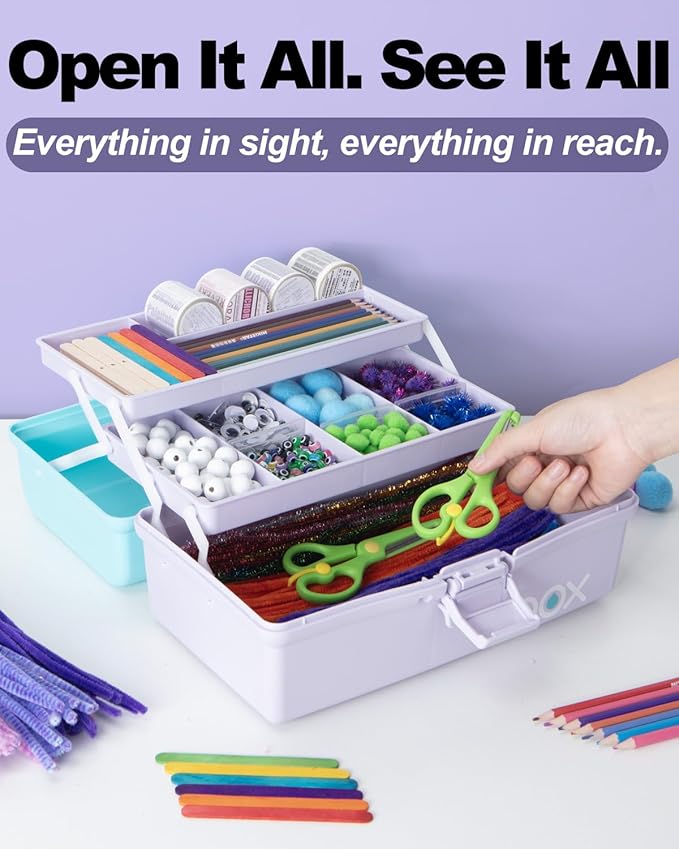 12in 3-Layer Plastic Craft Organizers and Storage, Portable Folding Tackle Box with Handle & Adjustable Dividers, Multipurpose Case for Sewing, Art Supplies, Medicine, Tools (Purple Blue)