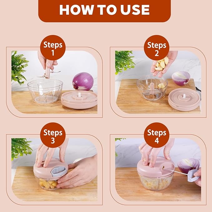 ‌Manual Food Processor Vegetable Chopper, Portable Hand Pull String Garlic Mincer Onion Cutter for Veggies, Suitable for Vegetables, Ginger, Garlic, Fruits, Onion, Potato, Salad (Pink 500 ml)‌