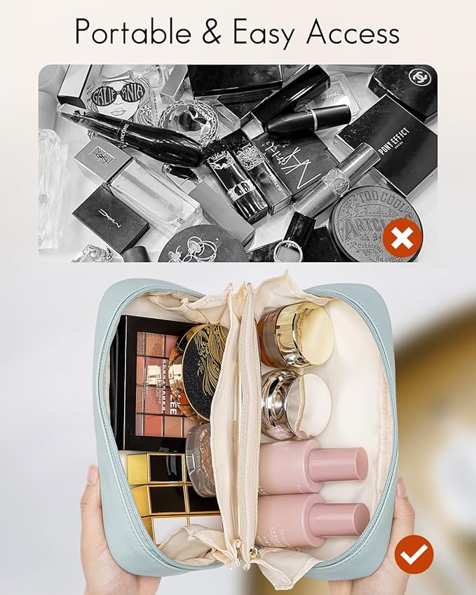 Vlando Makeup Pouch,Travel Makeup Organizer Bag,Small Makeup Bag Travel Gifts for Women Traveler Birthday Graduation Gift Ideas-Blue