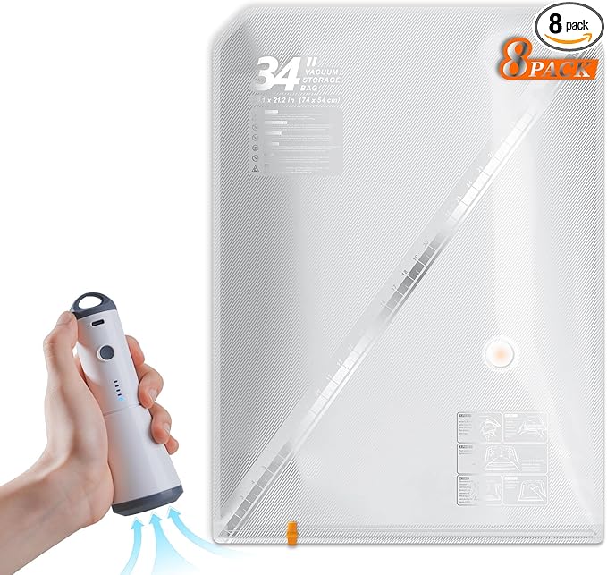 Vacbird Travel Vacuum Seal Bags, 8 Pack 34" Vacuum Storage Bags with Rechargeable Cordless Pump, Compression Packing for Clothing, Clothes, Blanket, Bedding, Space Saver for Suitcase, Luggage