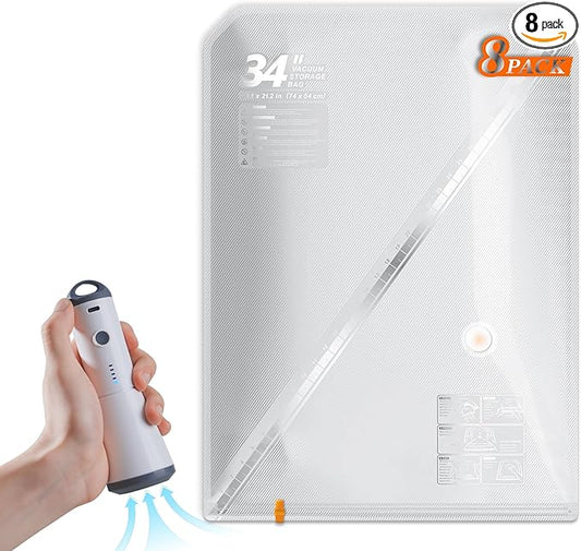 Vacbird Travel Vacuum Seal Bags, 8 Pack 34" Vacuum Storage Bags with Rechargeable Cordless Pump, Compression Packing for Clothing, Clothes, Blanket, Bedding, Space Saver for Suitcase, Luggage
