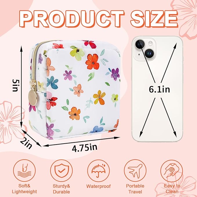 Waterproof Mini Floral Makeup Bag Pouch for Purse,Nylon Flower Cosmetic Travel Bag Small Preppy Toiletry Organizers for Women Girl,Cute Zipper Pouch Coin Purse for Work(Mini Colorful-Flowers)