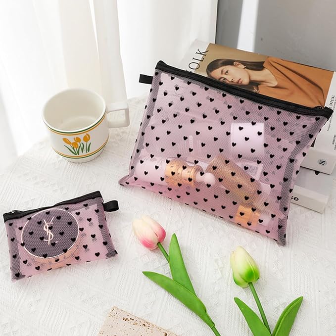 4-Piece Heart Printed Mesh Makeup Bag Set, Portable Travel Mesh Cosmetic Bags Toiletry Bags Makeup Purse Bags, Zipper Storage Pouches for Home Offices Travel Accessories (Pink)