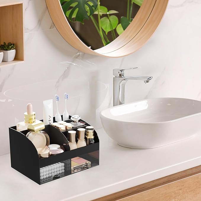 Makeup Organizer with 2 Drawers, Cosmetic Storage for Dresser Vanity and Bathroom Countertop, Makeup Organization and Skincare Storage with Beauty Brush Holder, Cosmetic Display Case (Black)