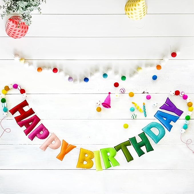 Pre-Strung Happy Birthday Banner - Handmade Felt Letters & Balls, Reusable Colorful Felt Ball Garland, Personalized Birthday Sign for Home Wall Mantles Decor Kids Rainbow Party Decorations