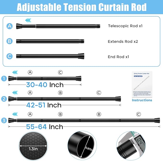 AIZESI Shower Curtain Rod 30-64 Inch Adjustable Curtain Rods Never Rust & Non-Slip, No Drilling, Short Shower Rods Spring Tension Curtain Rod for Window Bathroom Doorway Closet
