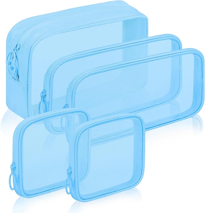 5 Pieces Mini Zipper Nylon Mesh Pouch, Mesh Cosmetic Bags Makeup Bags, Multipurpose Travel Toiletry Bags for Office Supplies and Travel Accessories (Blue, Assorted Sizes)