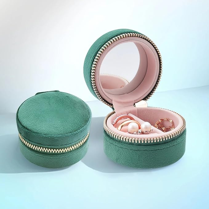 Travel Ring Box with Mirror, Velvet Lined Jewelry Organizer for Women - Mini Portable Case for Engagement, Wedding Band, Earrings,Necklaces | Bridesmaid Proposal Gift (Green)