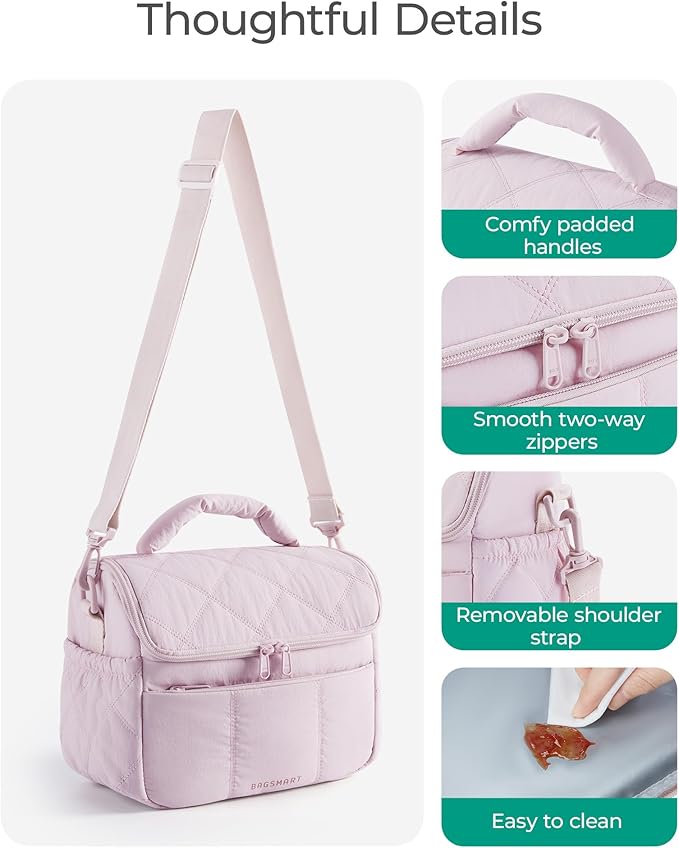 BAGSMART Insulated Lunch Bags for Women, Cute Quilted Lunch Box, Lightweight Puffy Padded Waterproof Lunch Tote, Reusable Lunch Cooler for Work Picnic Travel, Light Blue