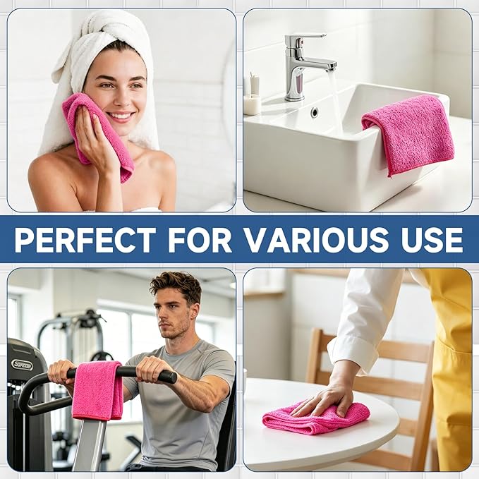 TEAWOO Coral Velvet Rose Red Washcloths 12 Pack, Highly Absorbent and Soft Rose Red Face Towels, Multi-Purpose Washcloths and Hand Towels for Bathroom, Hotel, Spa and Gym, 12 x 12 inches