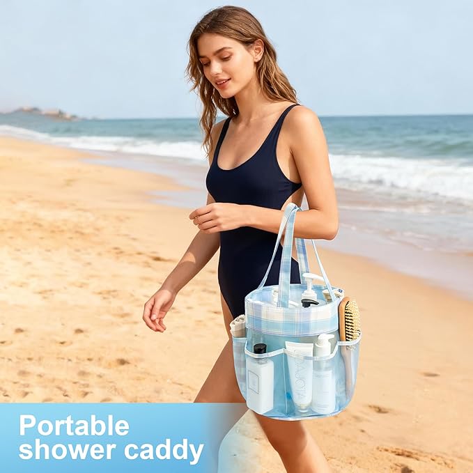 Mesh Shower Caddy Portable, Bathroom Caddy Organizer for College Dorm Essentials, Hanging Shower Tote Bag with 7 Pockets for Beach, Swimming, Gym camping Blue Checkered