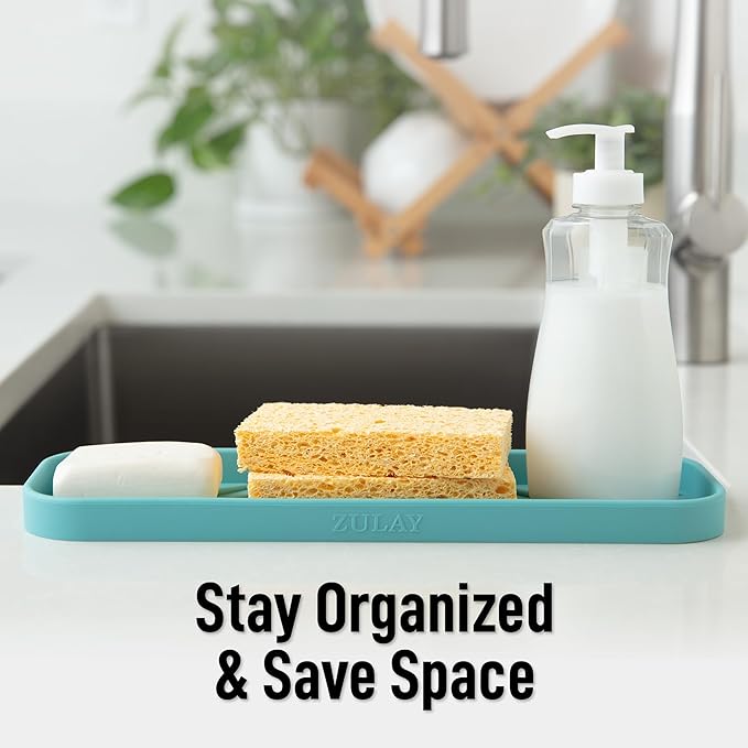 Zulay Kitchen Large Silicone Sponge Holder (12x4) – Flexible Sink Organizer Tray for Kitchen & Bathroom – Multipurpose Soap Dish for Sponges, Makeup, Trinkets & More (Aqua Sky)