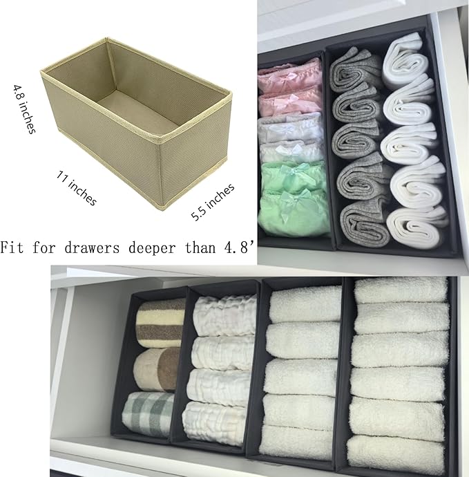 Socks Drawer Organizer Set of 3 Pack Khaki, 11' Small Underwear Dividers, Closet Cabinet Dresser Wardrobe Storage Boxes for Panty Stockings Leggings Bra