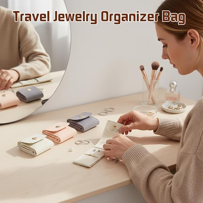 3Pcs Mini Travel Jewelry Bag, Small Travel Jewelry Organizer Case, Foldable Jewelry Roll for Earrings, Necklaces, Rings, Chain Bracelets, Brooches