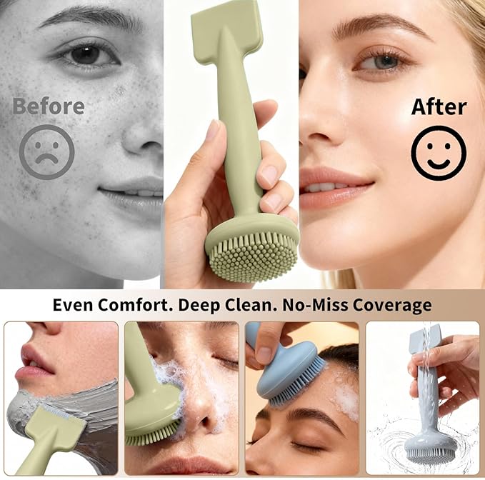 2 Pack Silicone Face Scrubber,2 in 1 Facial Cleansing Brush & Face Mask Applicator, Face Exfoliator Scrubber Waterproof Home Spa Facial Brush for Sensitive Skin (Sage Green and Off-White)