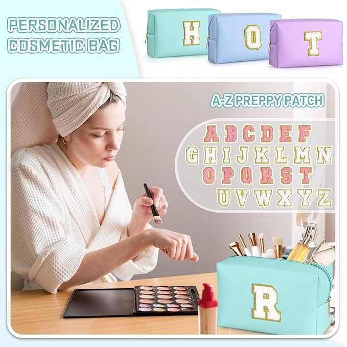 TOPEAST Preppy Small Makeup Bag, Chenille Letter Pouch Cosmetic Bag With Zipper, PU Leather Waterproof Toiletry Bag, Personalized Birthday Gift for Women, Cute Stuff for Girls (Blue D)