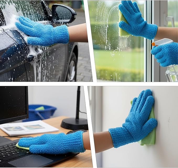 2 Pairs Microfiber Dusting Gloves, Reusable Plant Dusting Gloves Washable Mittens Cleaning Glove Microfiber Dusters for House Furniture Blinds Kitchen Plants(Blue, Royal Blue)